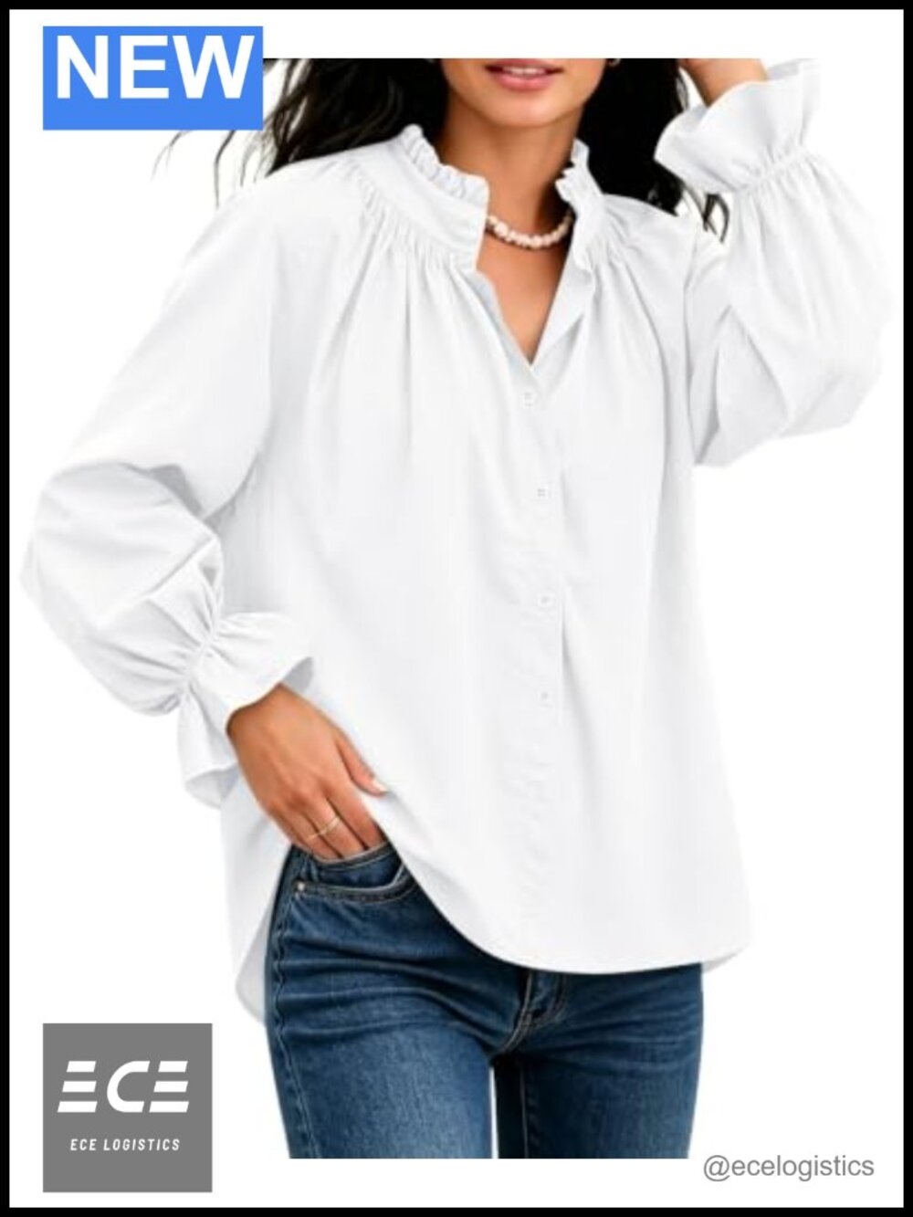Women's Button Down Blouse Ruffle Stand Collar Puff Sleeve Work Top